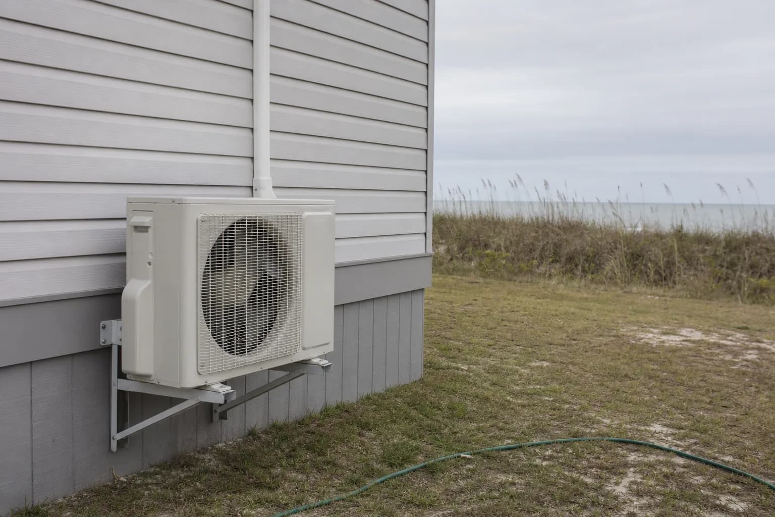 Newly installed AC condenser at a Fort Morgan Gulf-front home, exterior view, fall