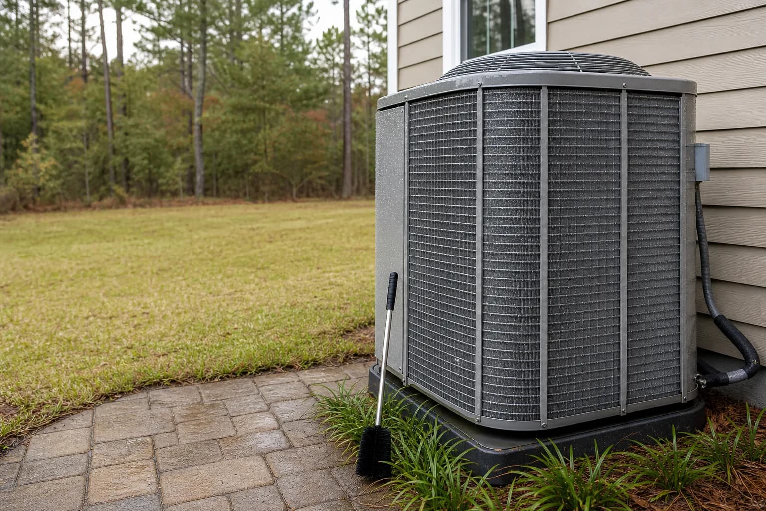 AC unit being maintained at a Loxley inland Baldwin County home, fan-grille detail, fall