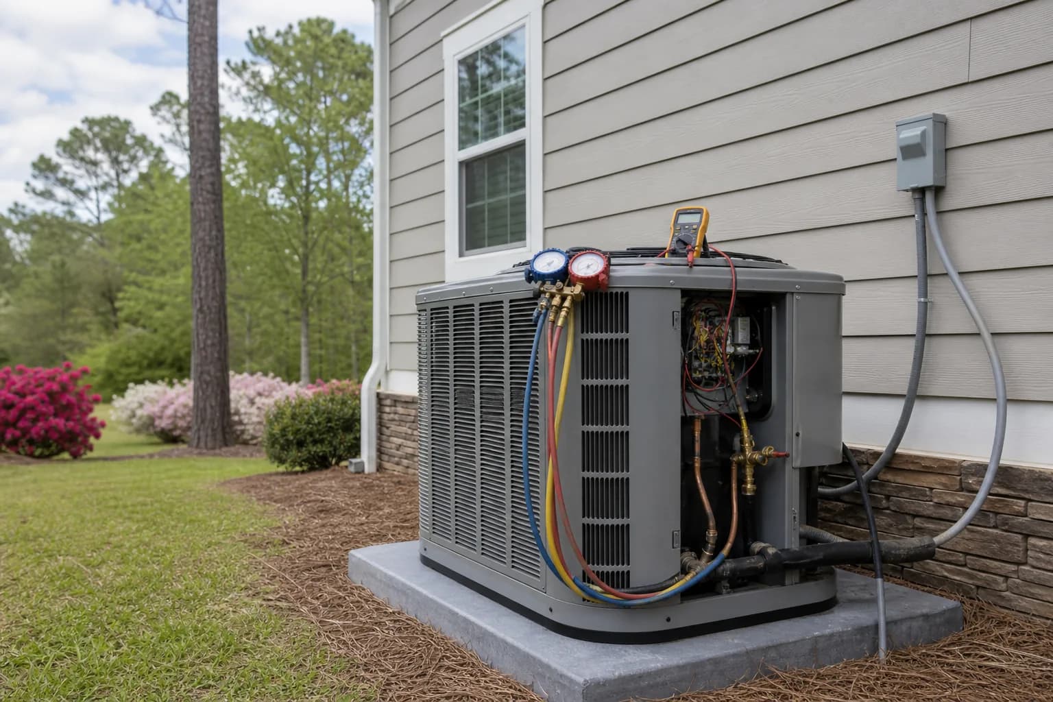 AC condenser being serviced at a Baldwin County inland Baldwin County home, tune-up view, spring