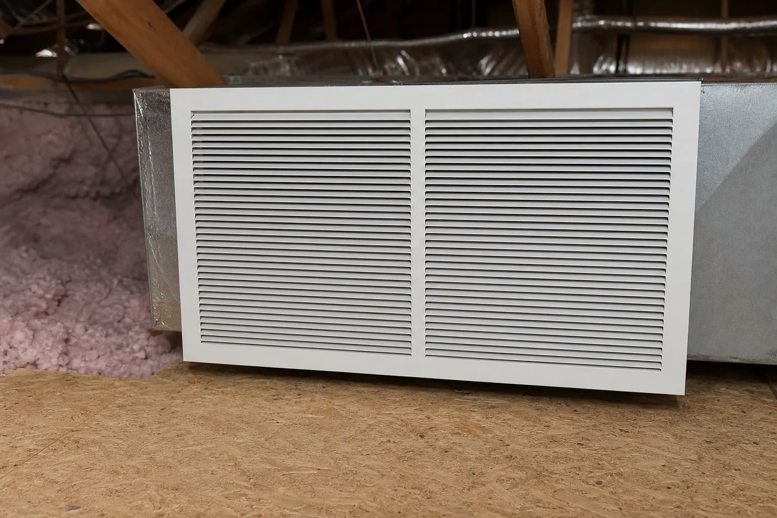 Indoor air handler and filter in a Magnolia Springs home attic, close-up