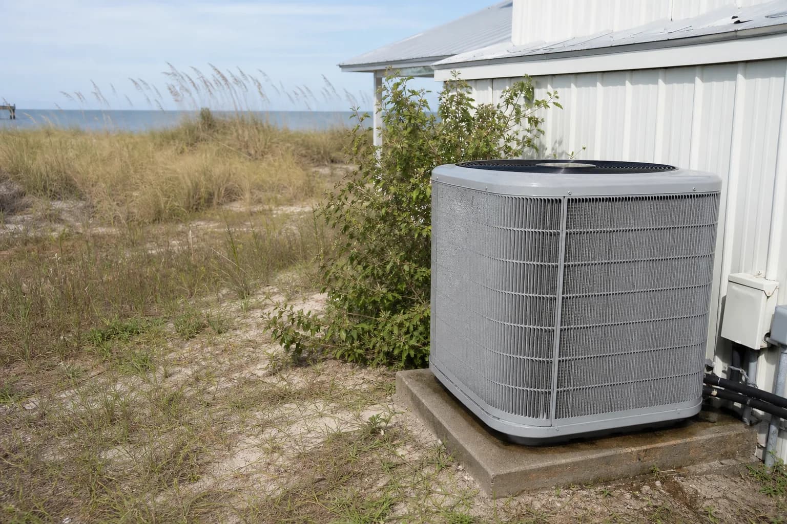 AC unit being maintained at a Gulf Shores Gulf-front home, fan-grille detail, fall