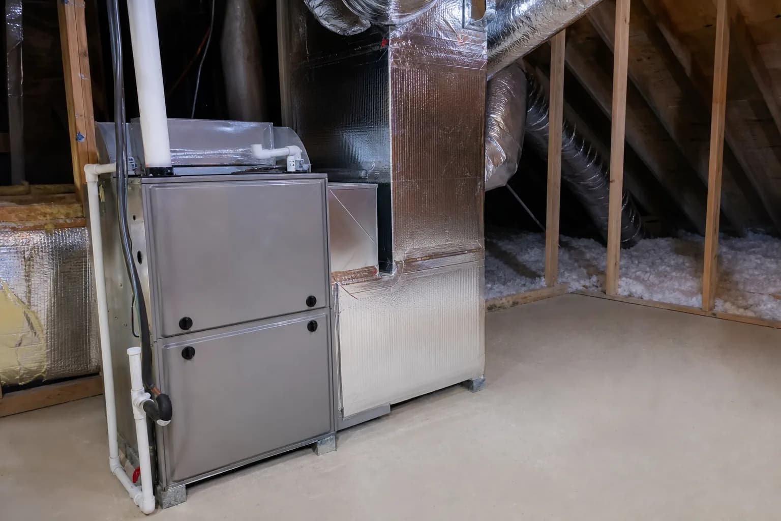 Newly installed gas furnace in a Bay Minette home attic, install detail