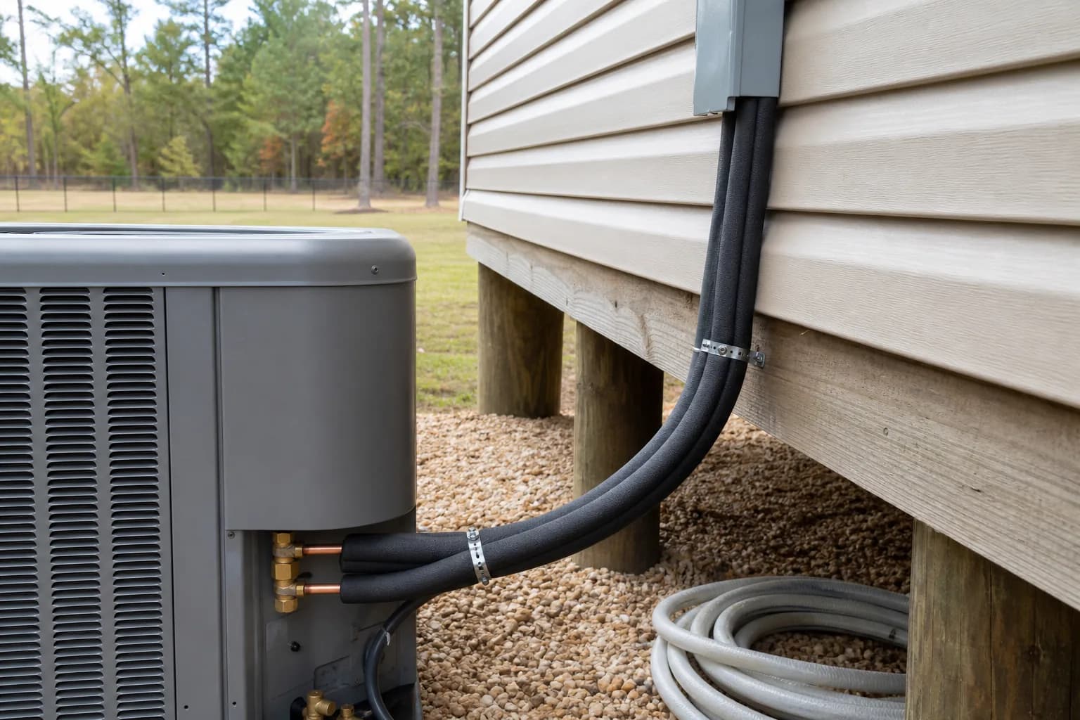 Newly installed AC condenser at a Loxley inland Baldwin County home, tune-up view, fall