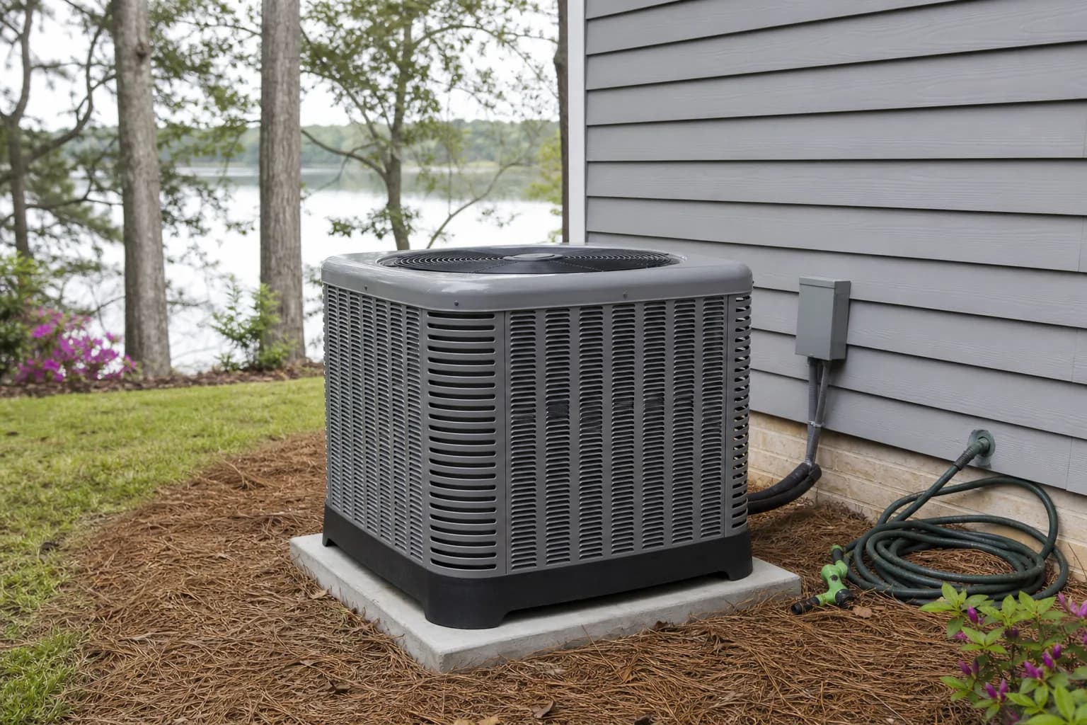 AC unit being maintained at a Daphne Mobile Bay home, disconnect view, spring