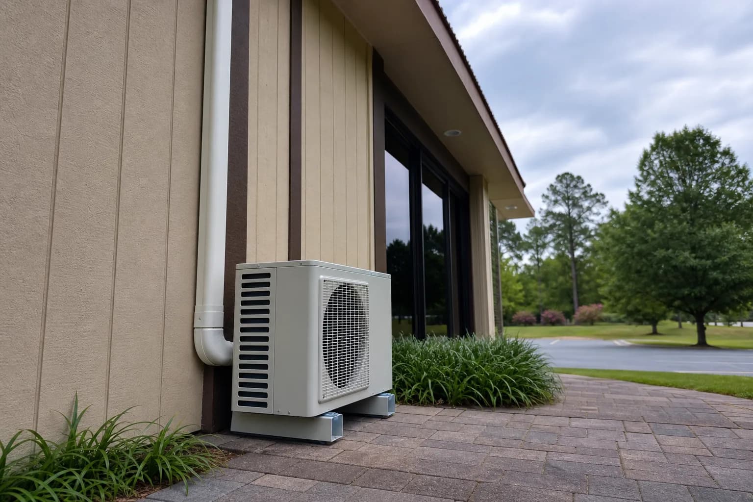 Newly installed ductless mini-split at a Baldwin County inland Baldwin County home, exterior view, spring