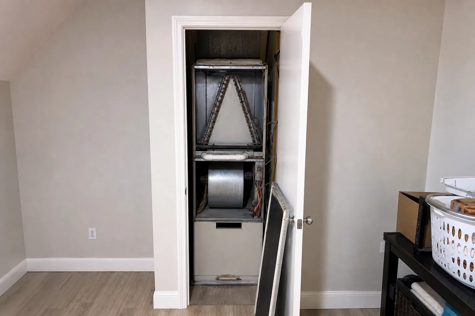 Indoor air handler being serviced in a Fairhope home bonus room, fresh-filter view