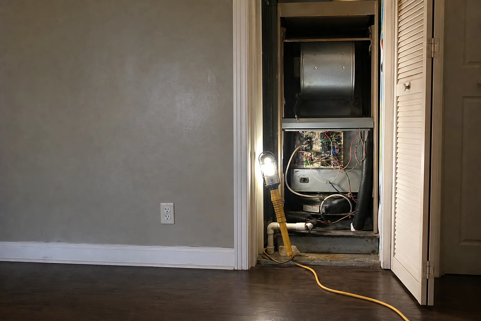 Indoor HVAC unit on an after-hours call in a Fairhope home interior wall, interior view