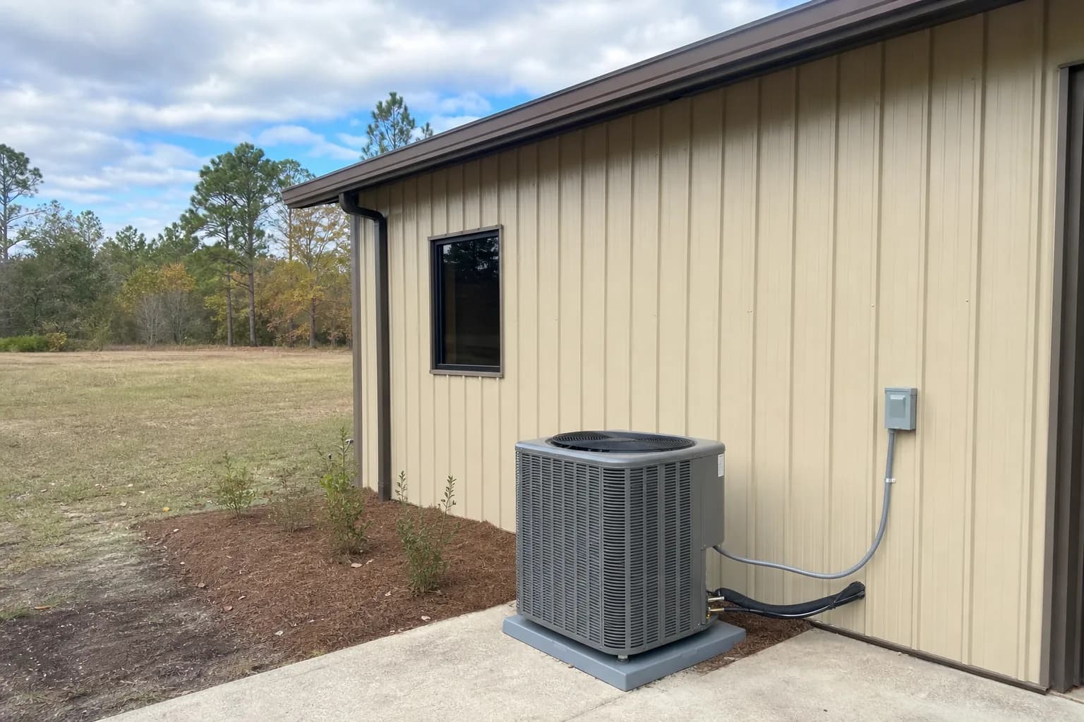 Newly installed AC condenser at a Foley inland Baldwin County home, routine check, fall