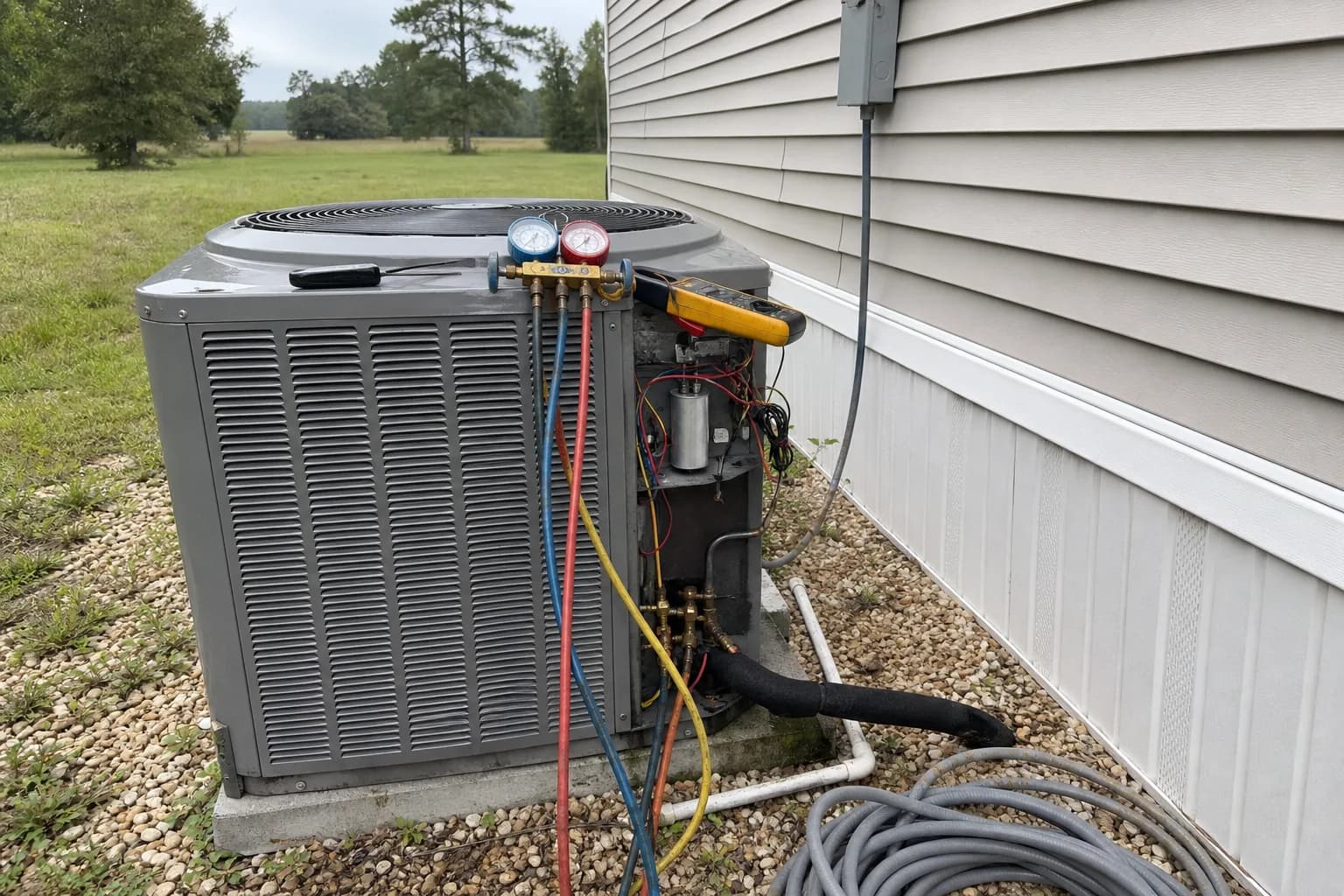 AC condenser being serviced at a Foley inland Baldwin County home, service view, summer
