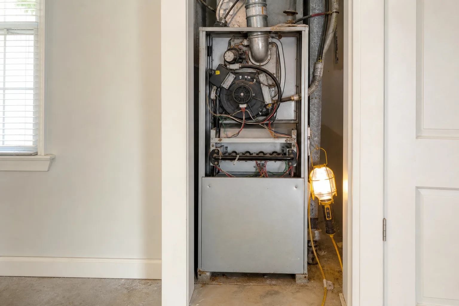 Indoor gas furnace in an Elberta home hallway, filter detail