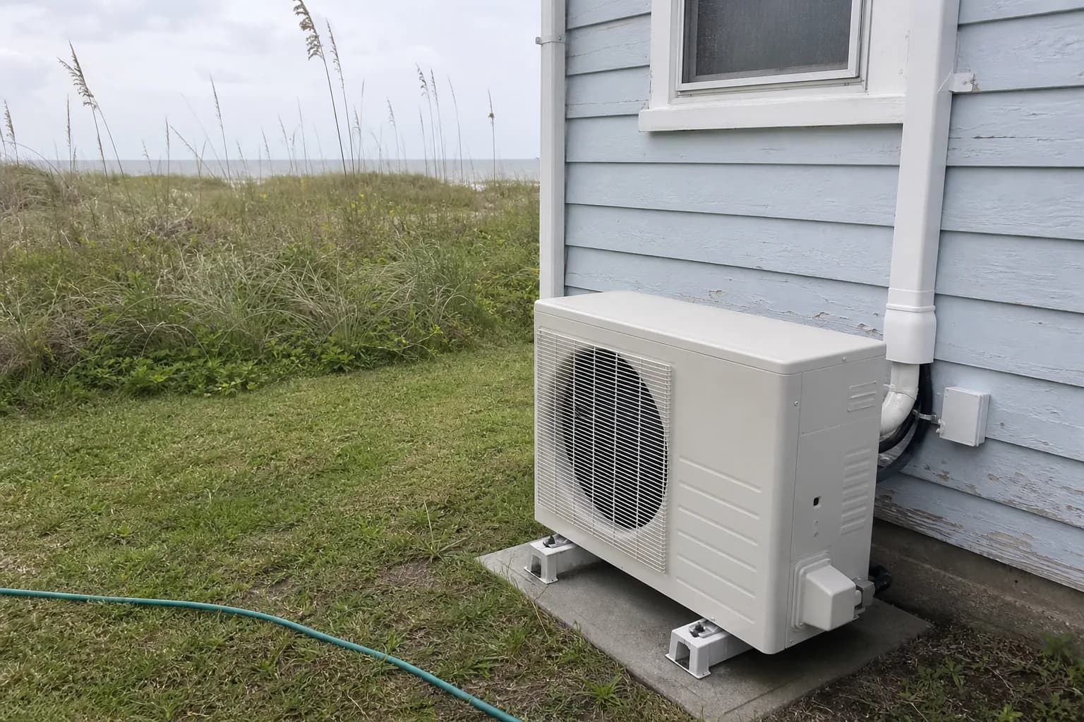 Newly installed ductless mini-split at a Gulf Shores Gulf-front home, backyard view, summer