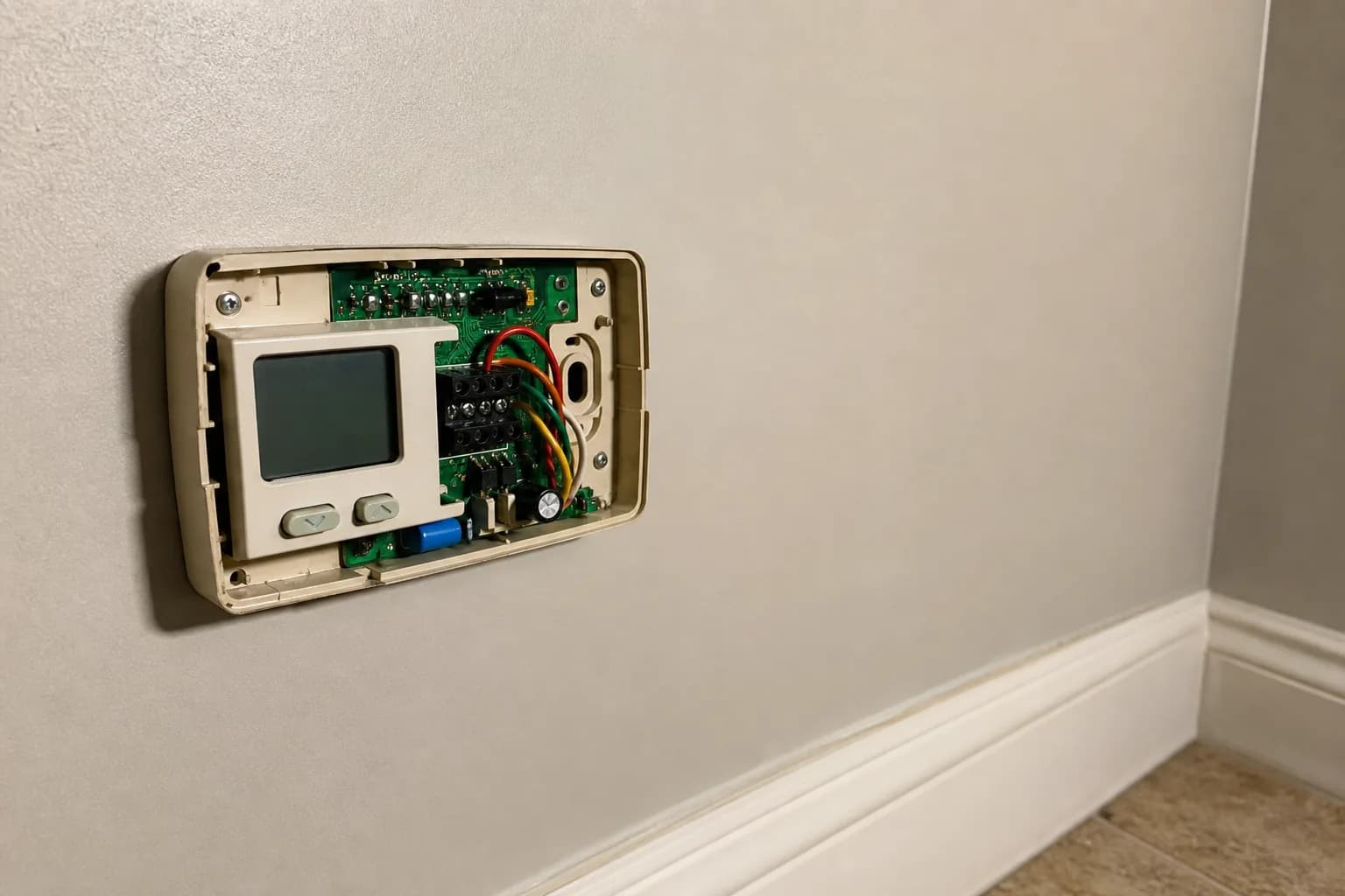 Indoor air handler being serviced in a Foley home interior wall, fresh-filter view
