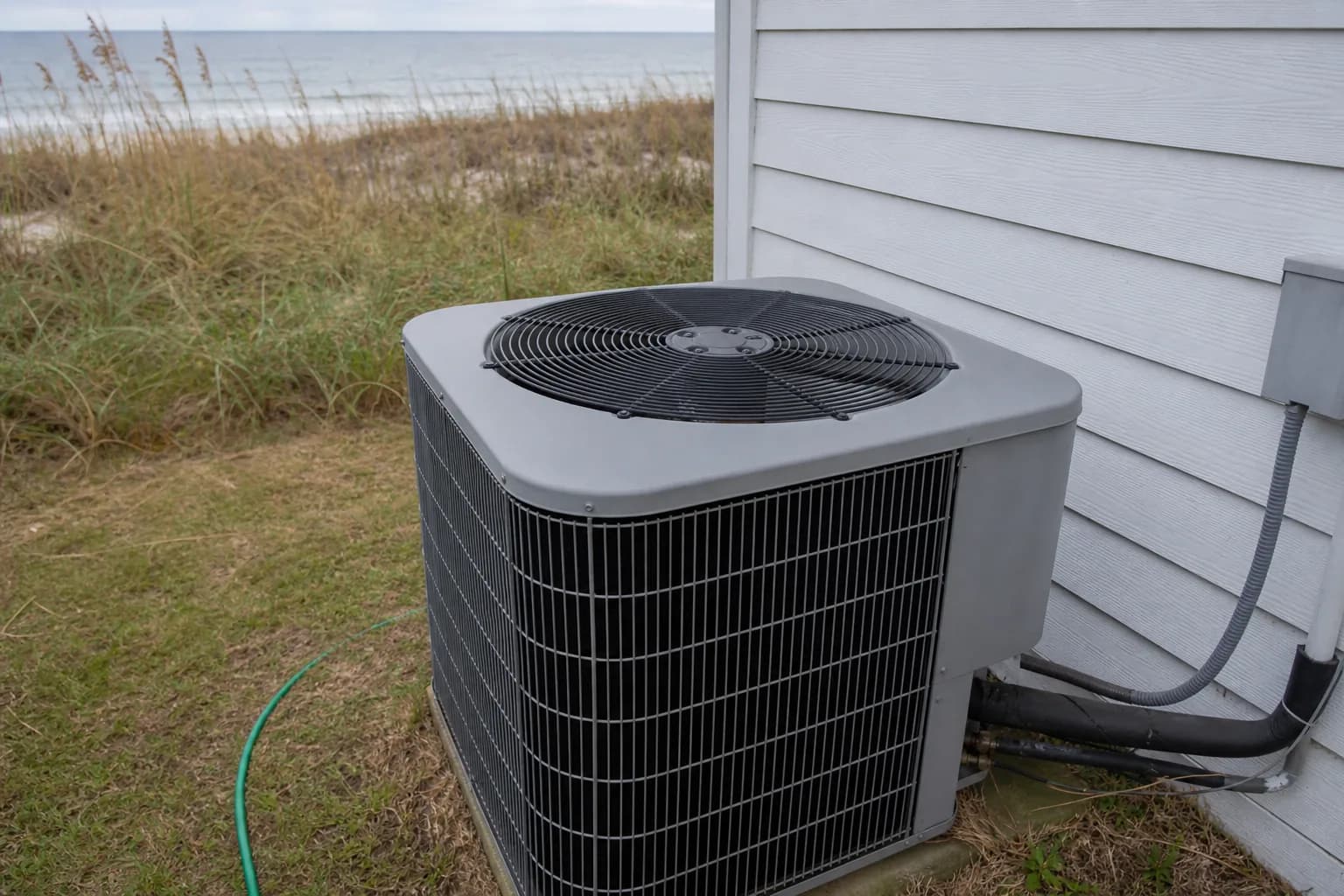 Home heat pump unit at an Orange Beach Gulf-front home, line-set detail, fall