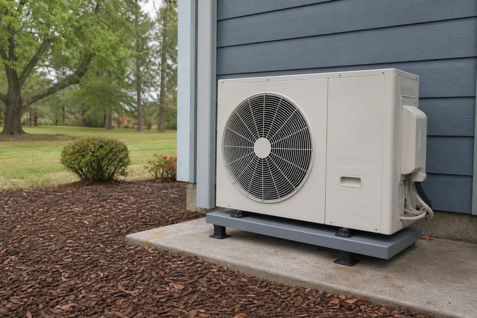 Home heat pump unit at a Baldwin County inland Baldwin County home, service view, spring