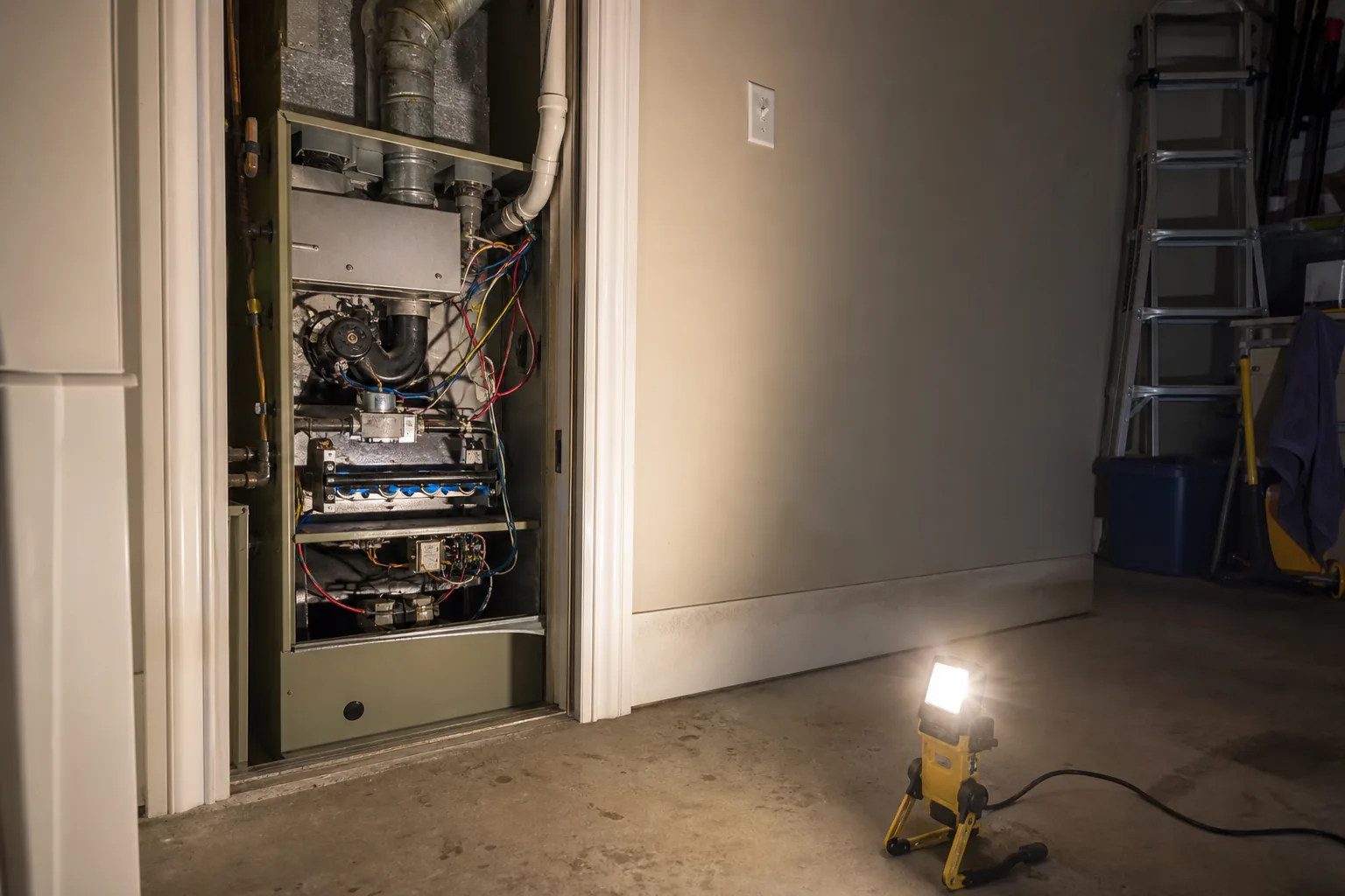 Indoor HVAC unit on an after-hours call in an Orange Beach home garage, fresh-filter view