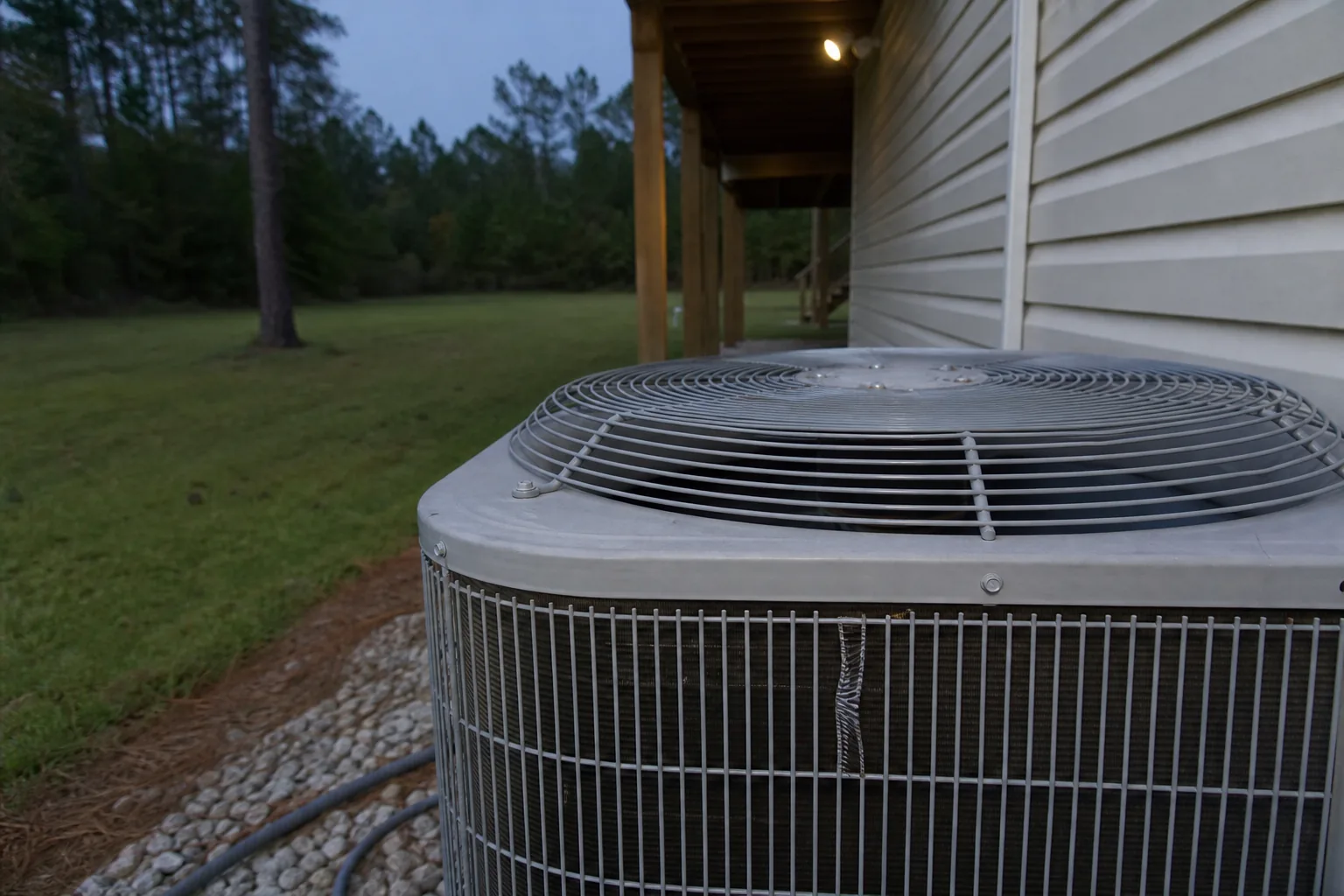 AC condenser being serviced at a Summerdale inland Baldwin County home, backyard view, fall