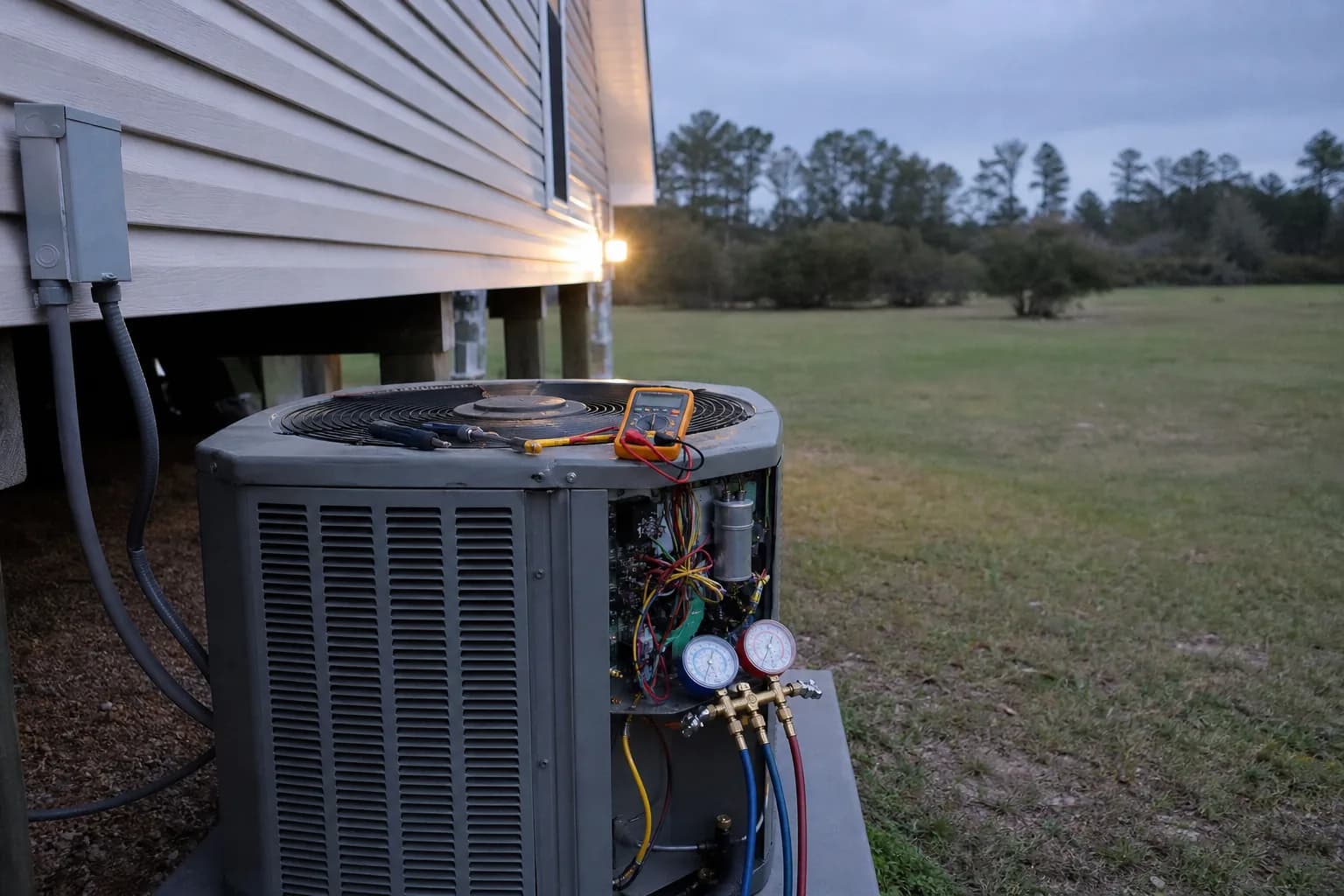 AC condenser being serviced at a Robertsdale inland Baldwin County home, fan-grille detail, summer