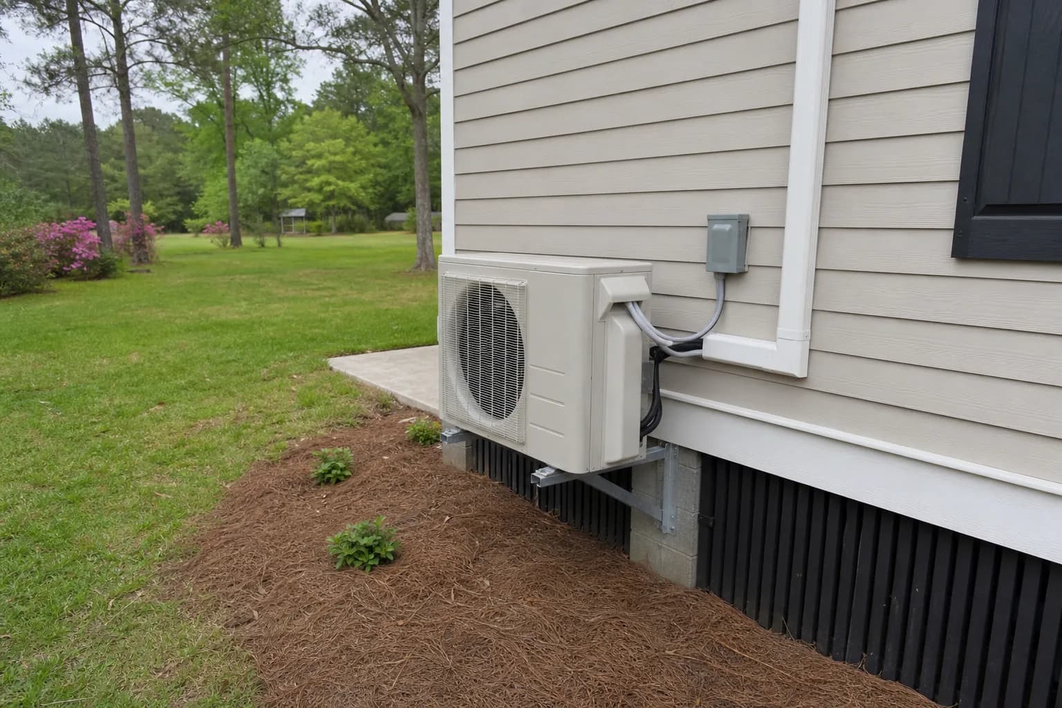 Newly installed AC condenser at a Baldwin County inland Baldwin County home, pad view, spring
