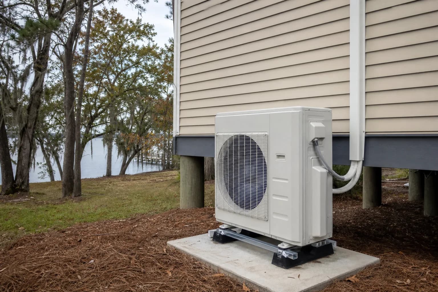 Newly installed ductless mini-split at a Spanish Fort Mobile Bay home, exterior view, fall