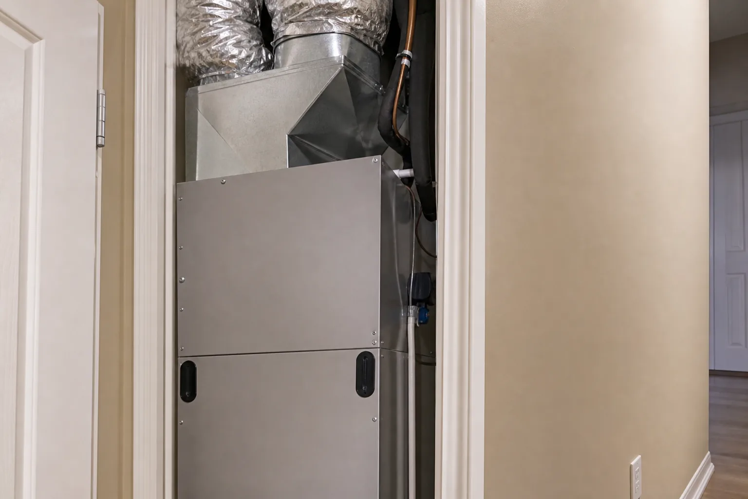Newly installed indoor air handler in a Baldwin County home hallway, access-panel view