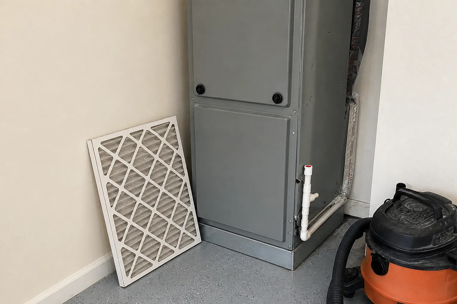 Indoor air handler and filter in a Foley home garage, install detail
