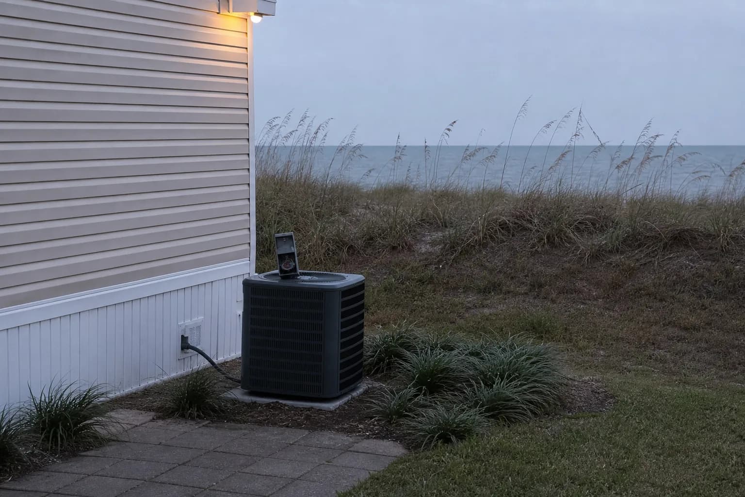 HVAC unit on an after-hours call at a Gulf Shores Gulf-front home, install detail, summer