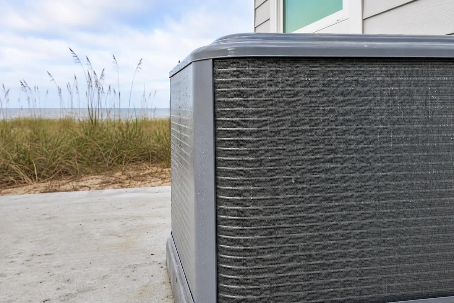 AC unit being maintained at an Orange Beach Gulf-front home, pad-level view, fall