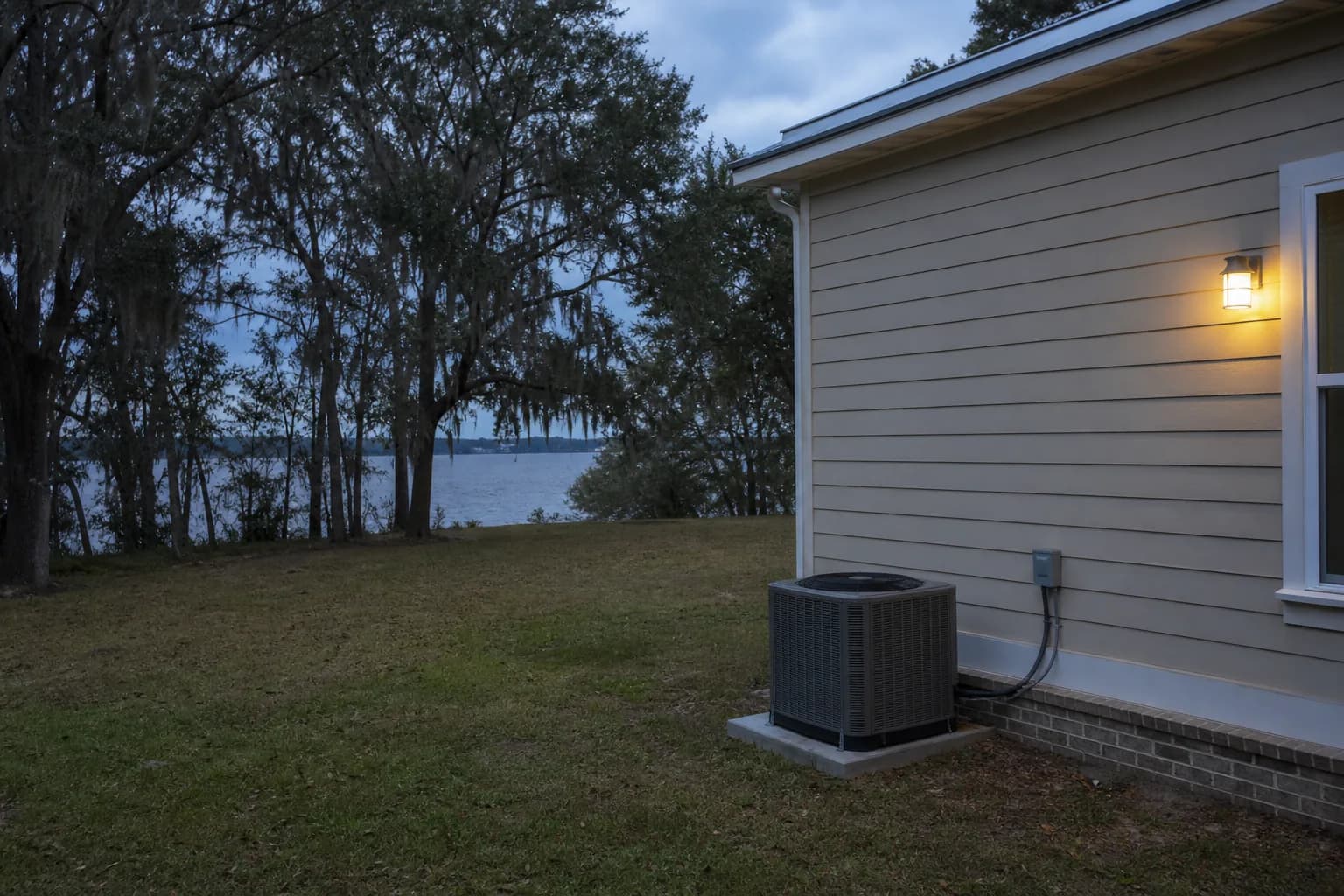 AC condenser being serviced at a Magnolia Springs Mobile Bay home, condenser detail, fall