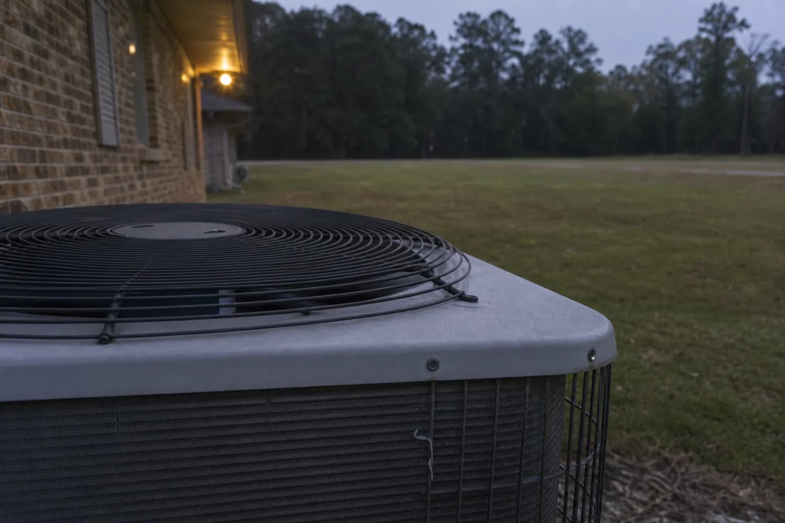 AC condenser being serviced at a Summerdale inland Baldwin County home, backyard view, summer