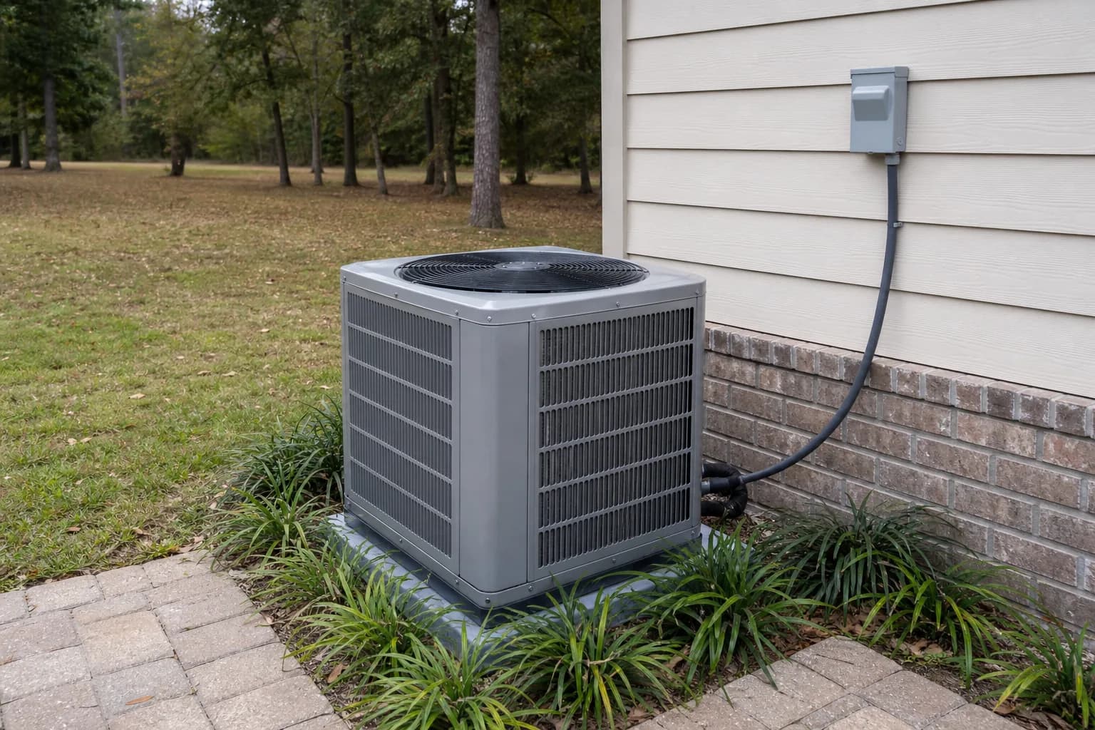 AC condenser being serviced at a Foley inland Baldwin County home, service view, fall