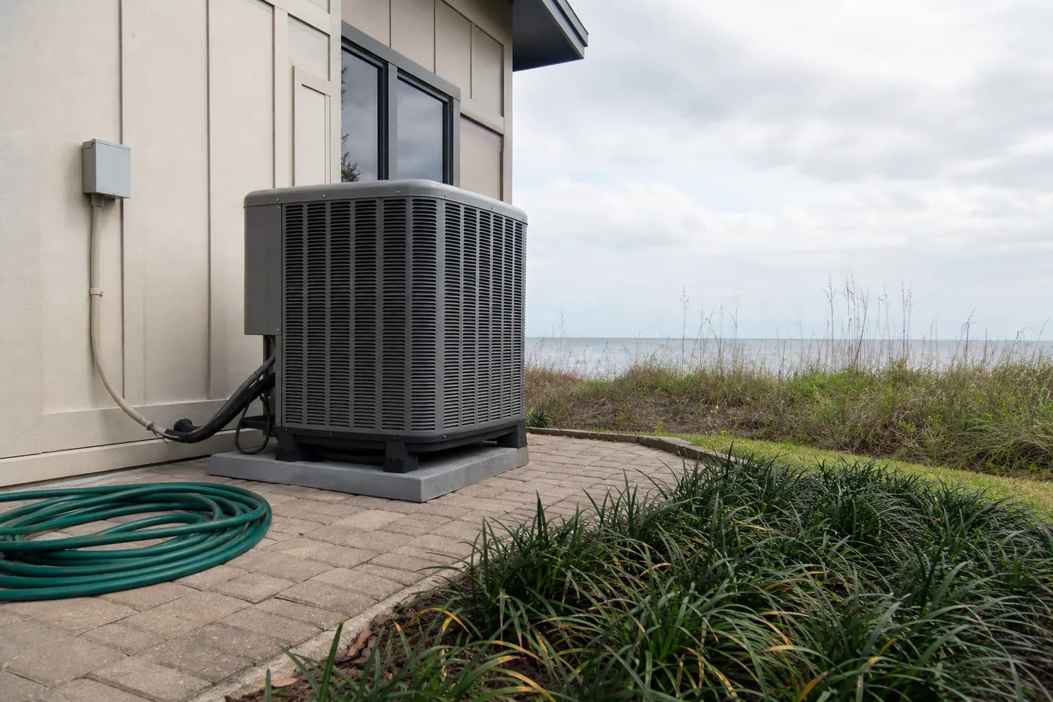 AC unit being maintained at a Gulf Shores Gulf-front home, line-set detail, spring