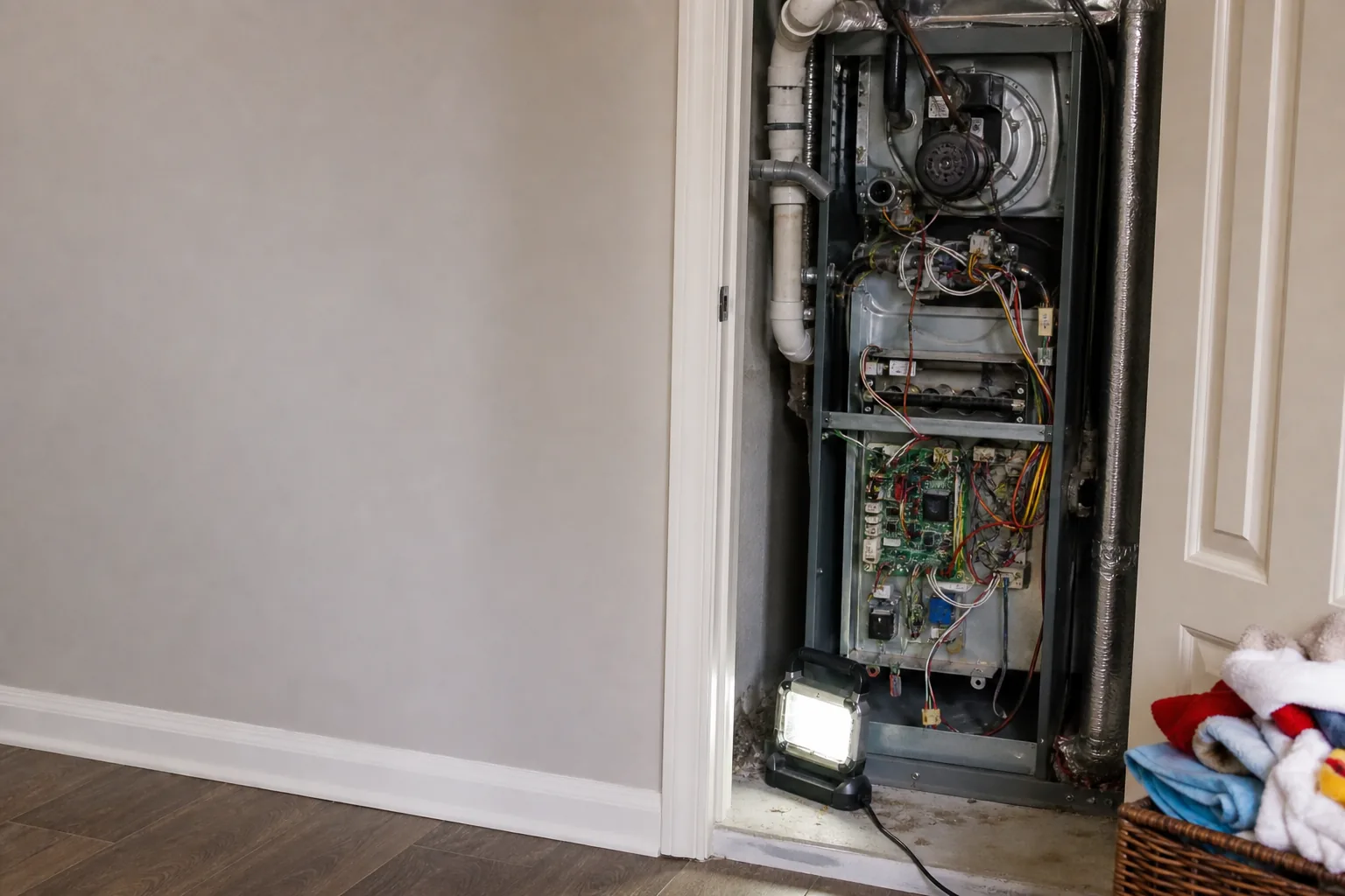 Indoor HVAC unit on an after-hours call in a Silverhill home bonus room, service view