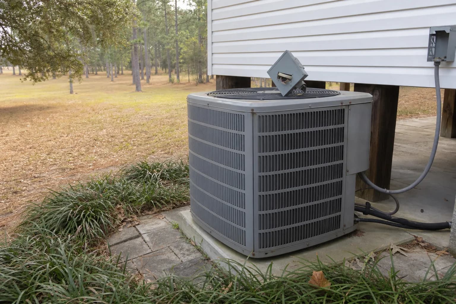 HVAC unit on an after-hours call at a Bay Minette inland Baldwin County home, pad-level view, fall