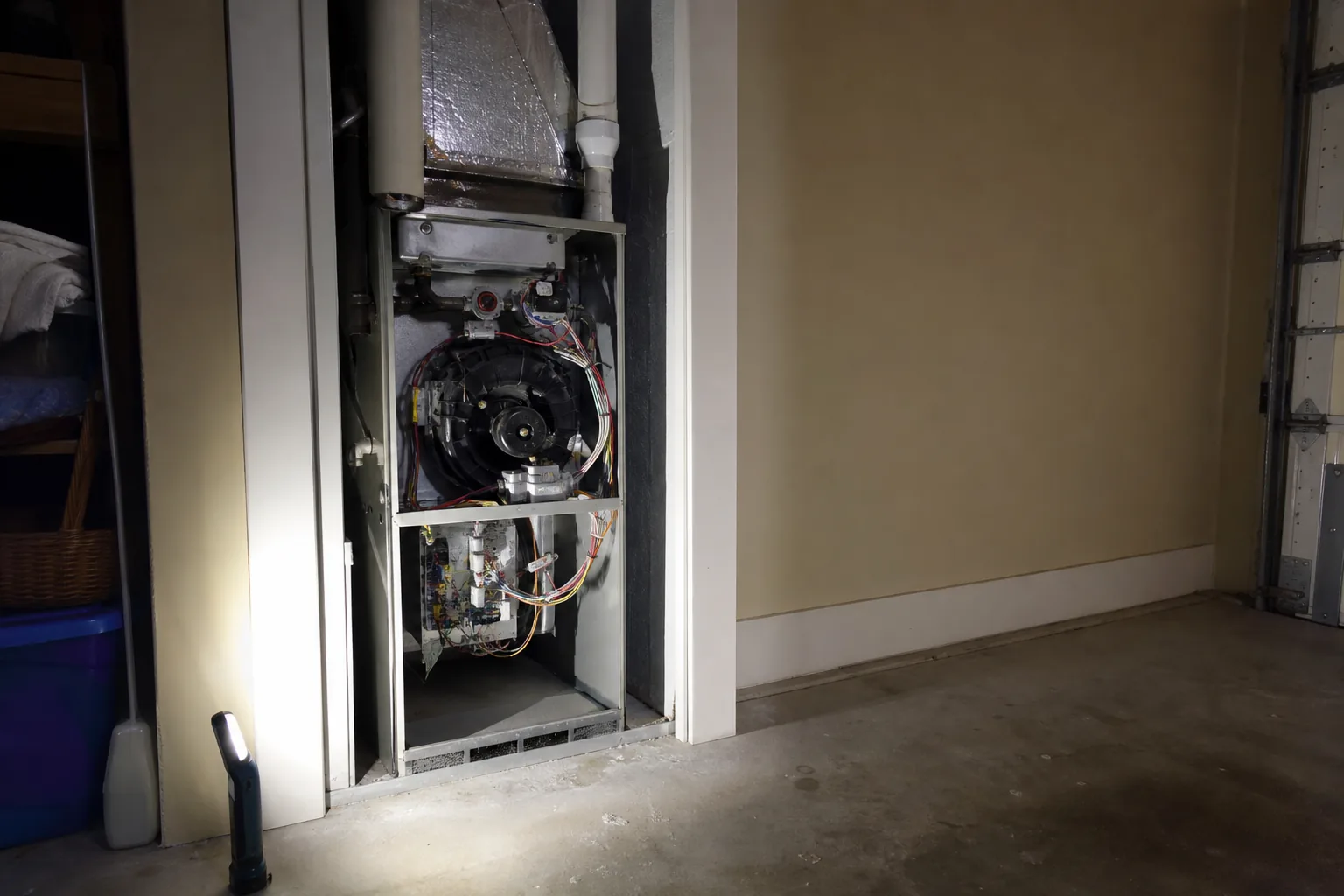 Indoor HVAC unit on an after-hours call in a Robertsdale home garage, interior view