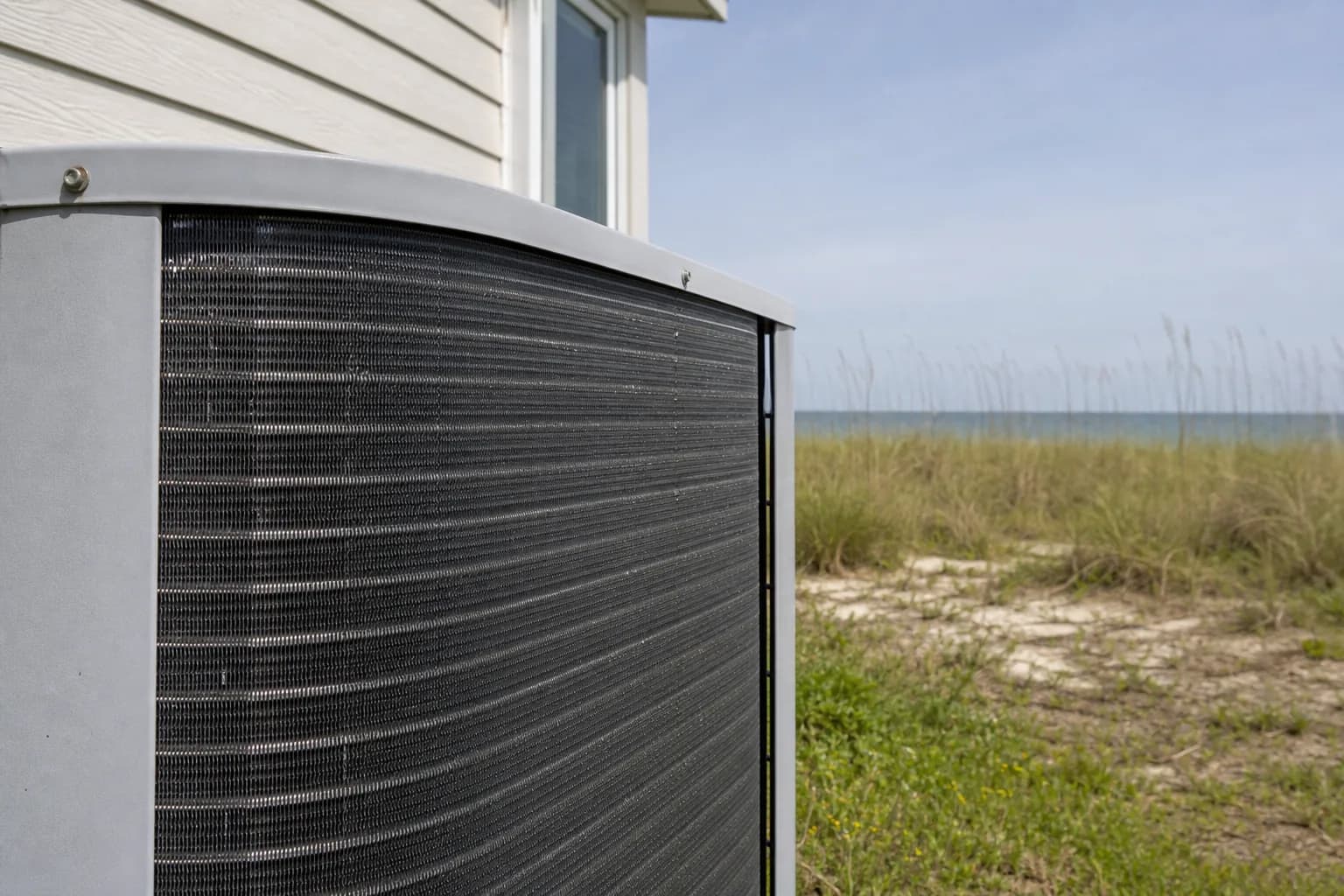 AC unit being maintained at an Orange Beach Gulf-front home, backyard view, spring