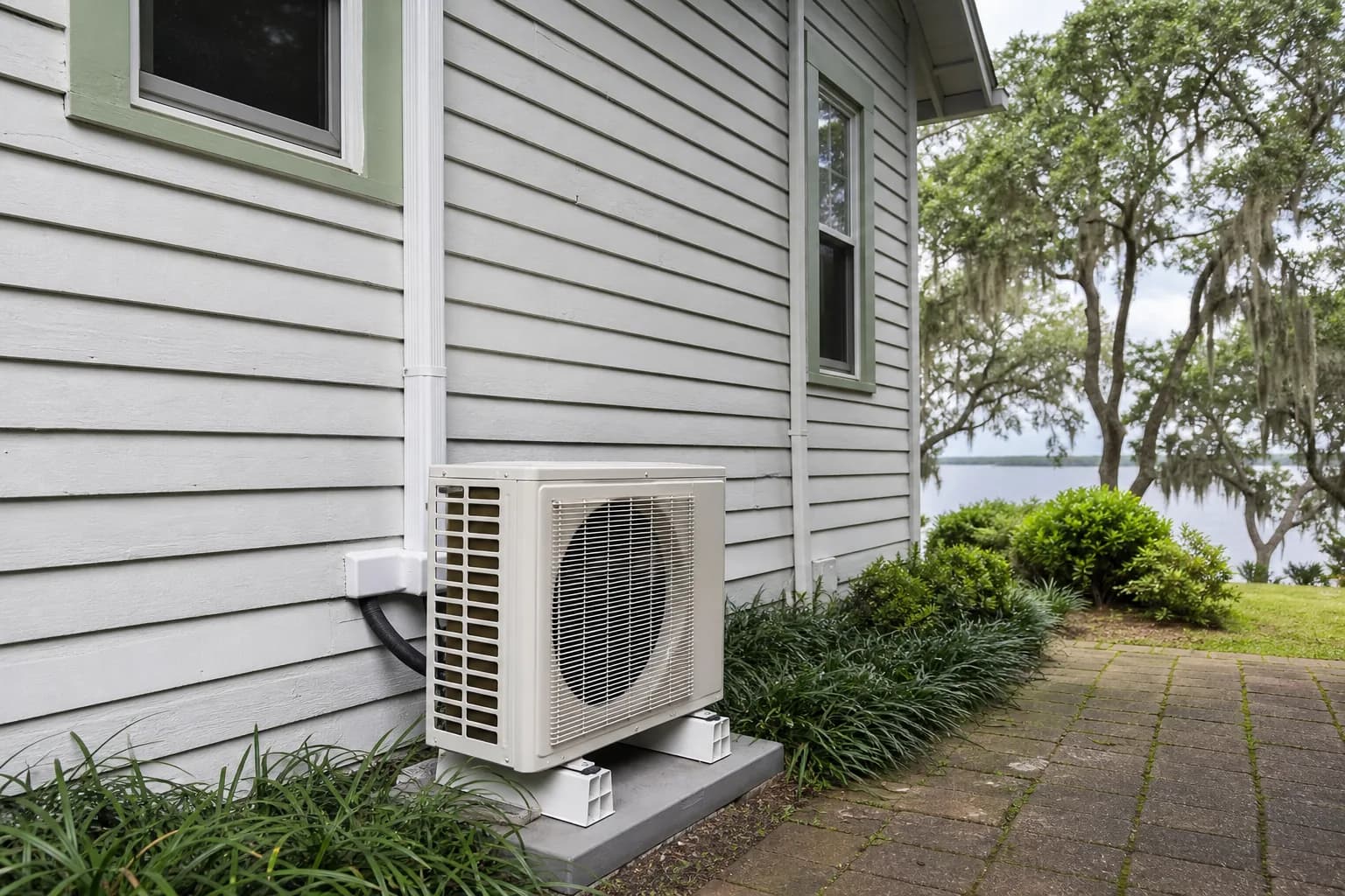 Newly installed ductless mini-split at a Spanish Fort Mobile Bay home, service view, summer