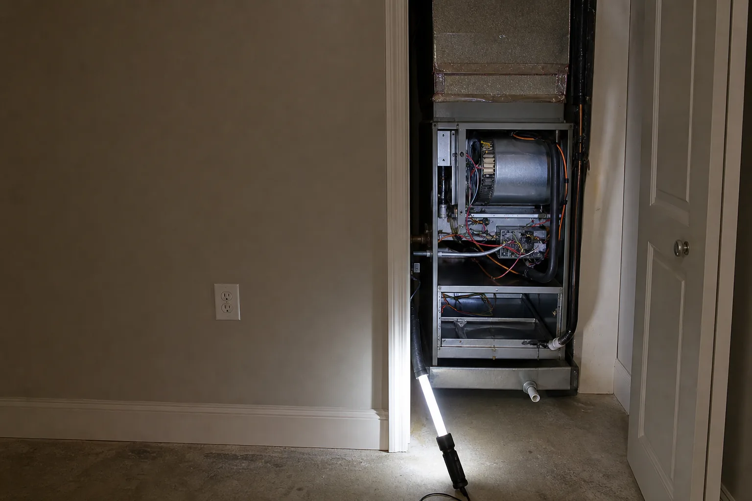 Indoor HVAC unit on an after-hours call in a Spanish Fort home garage, wiring detail