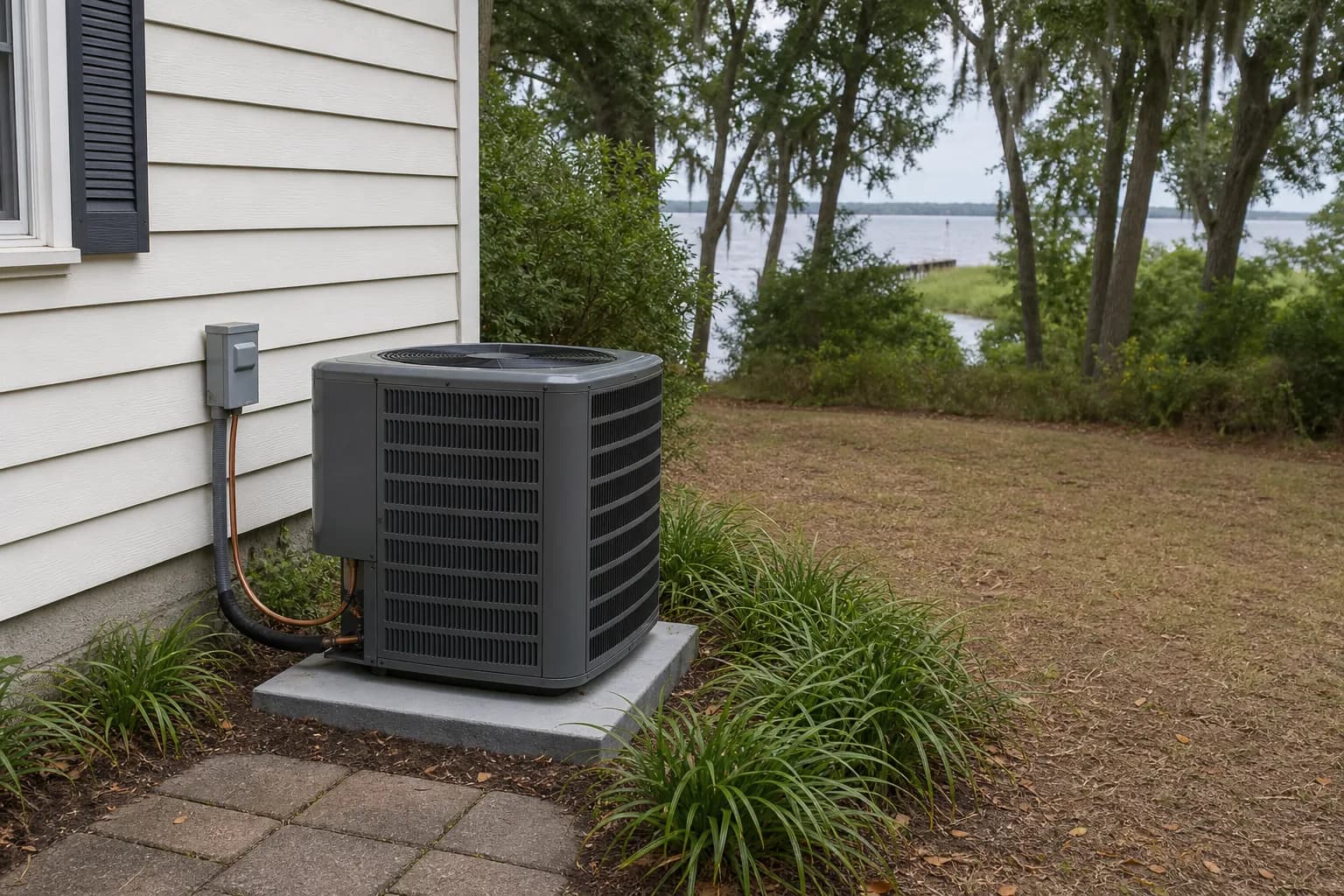 Newly installed AC condenser at a Spanish Fort Mobile Bay home, service view, summer