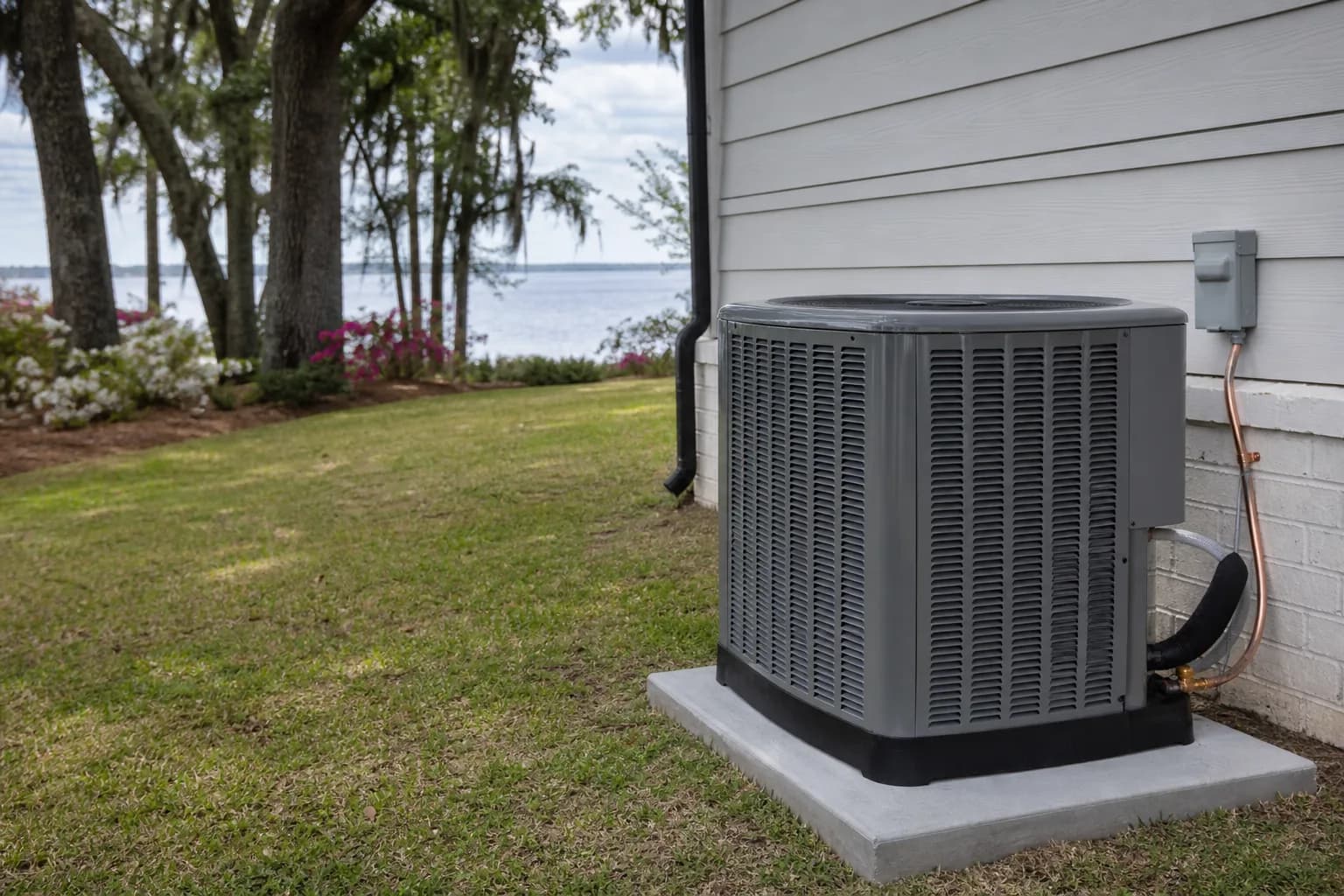 Newly installed AC condenser at a Spanish Fort Mobile Bay home, pad view, spring