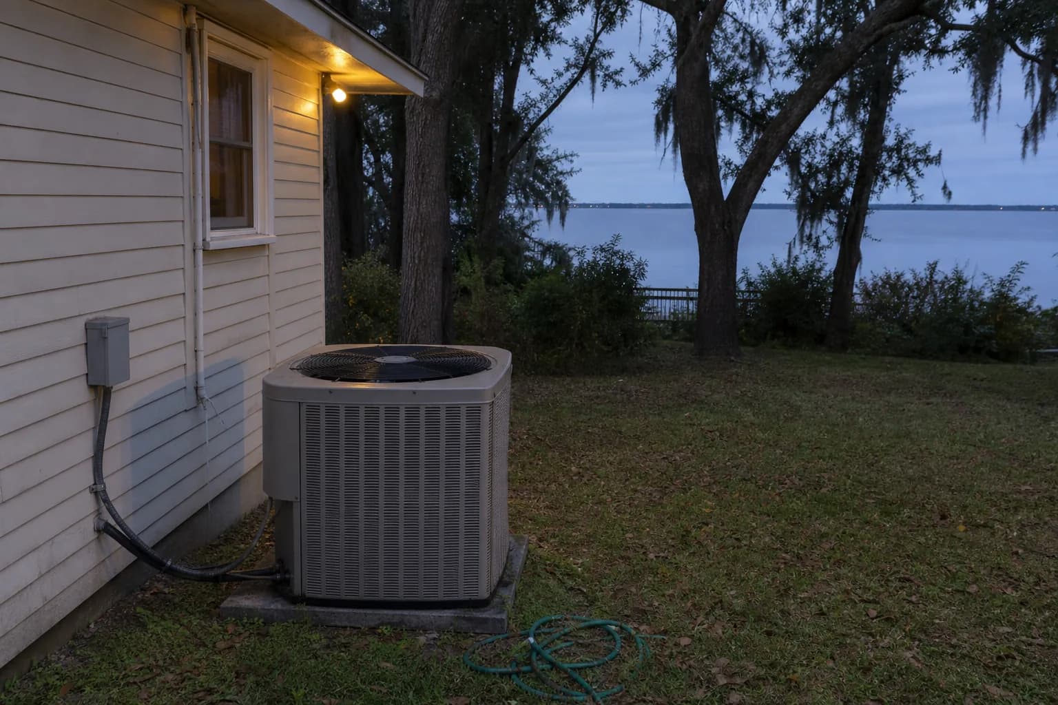 AC condenser being serviced at a Spanish Fort Mobile Bay home, side angle, fall