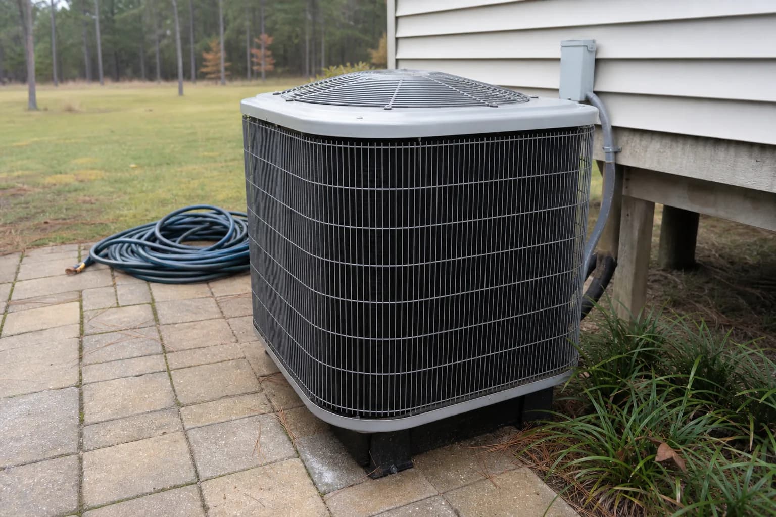 AC unit being maintained at a Stapleton inland Baldwin County home, service view, fall