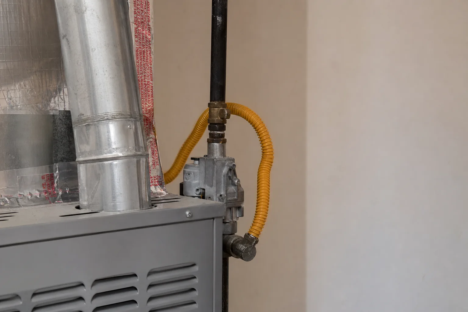Gas furnace being serviced in a Stockton home utility closet, fresh-filter view