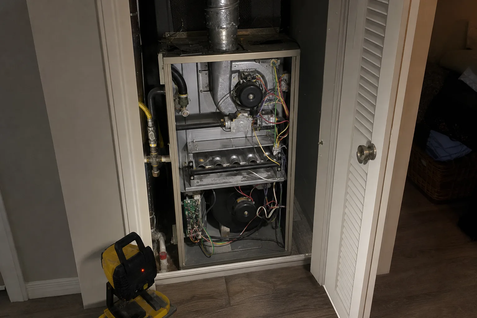 Indoor HVAC unit on an after-hours call in an Elberta home bonus room, wiring detail