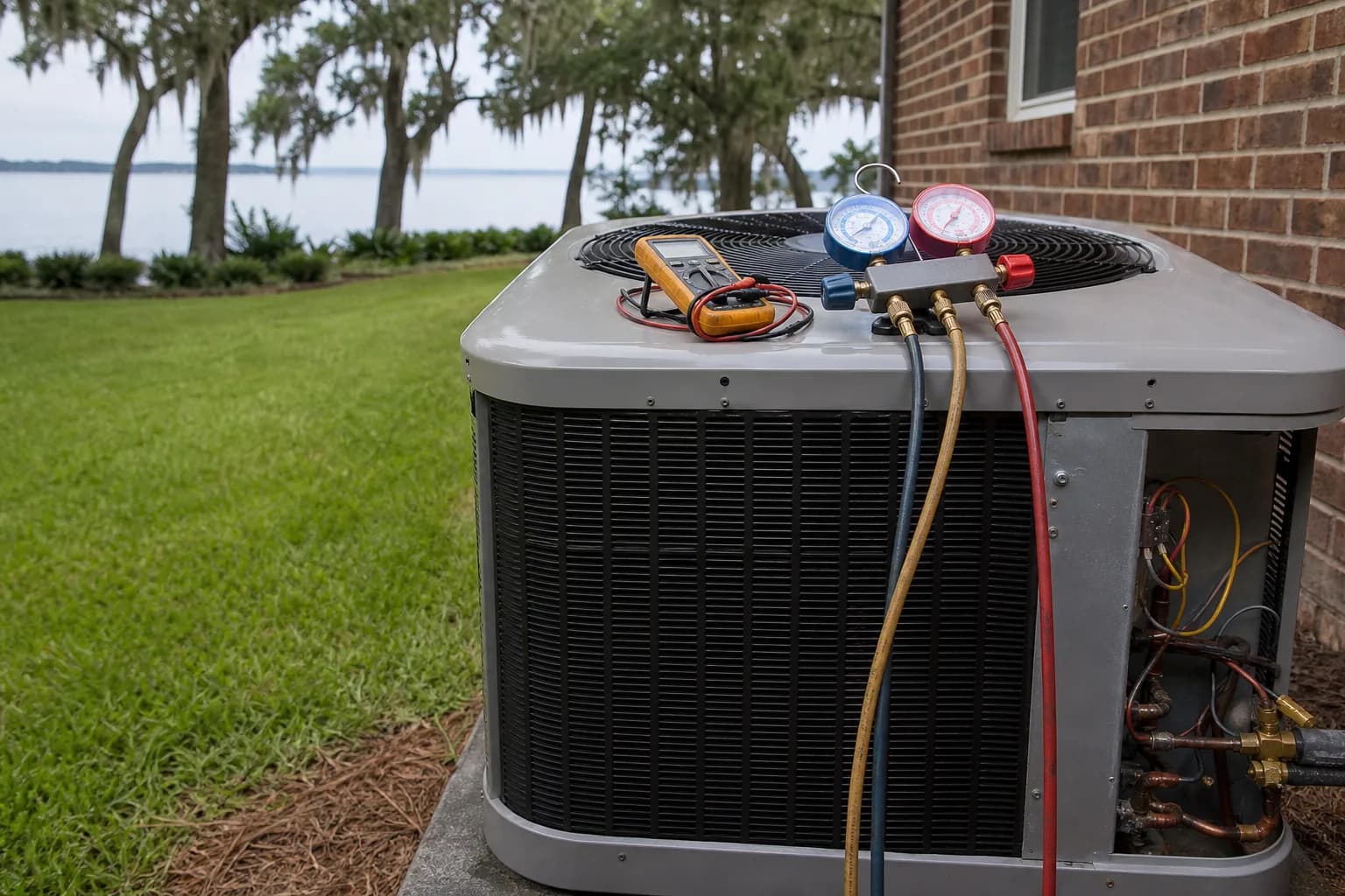 AC condenser being serviced at a Fairhope Mobile Bay home, pad view, summer