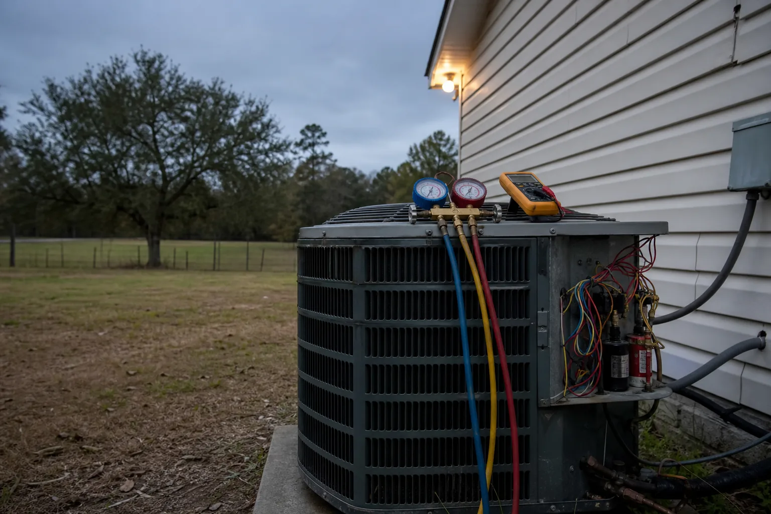 AC condenser being serviced at a Foley inland Baldwin County home, side angle, summer