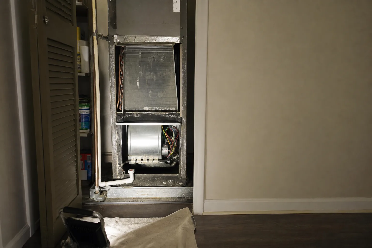 Indoor air handler being serviced in a Stapleton home mechanical room, fresh-filter view