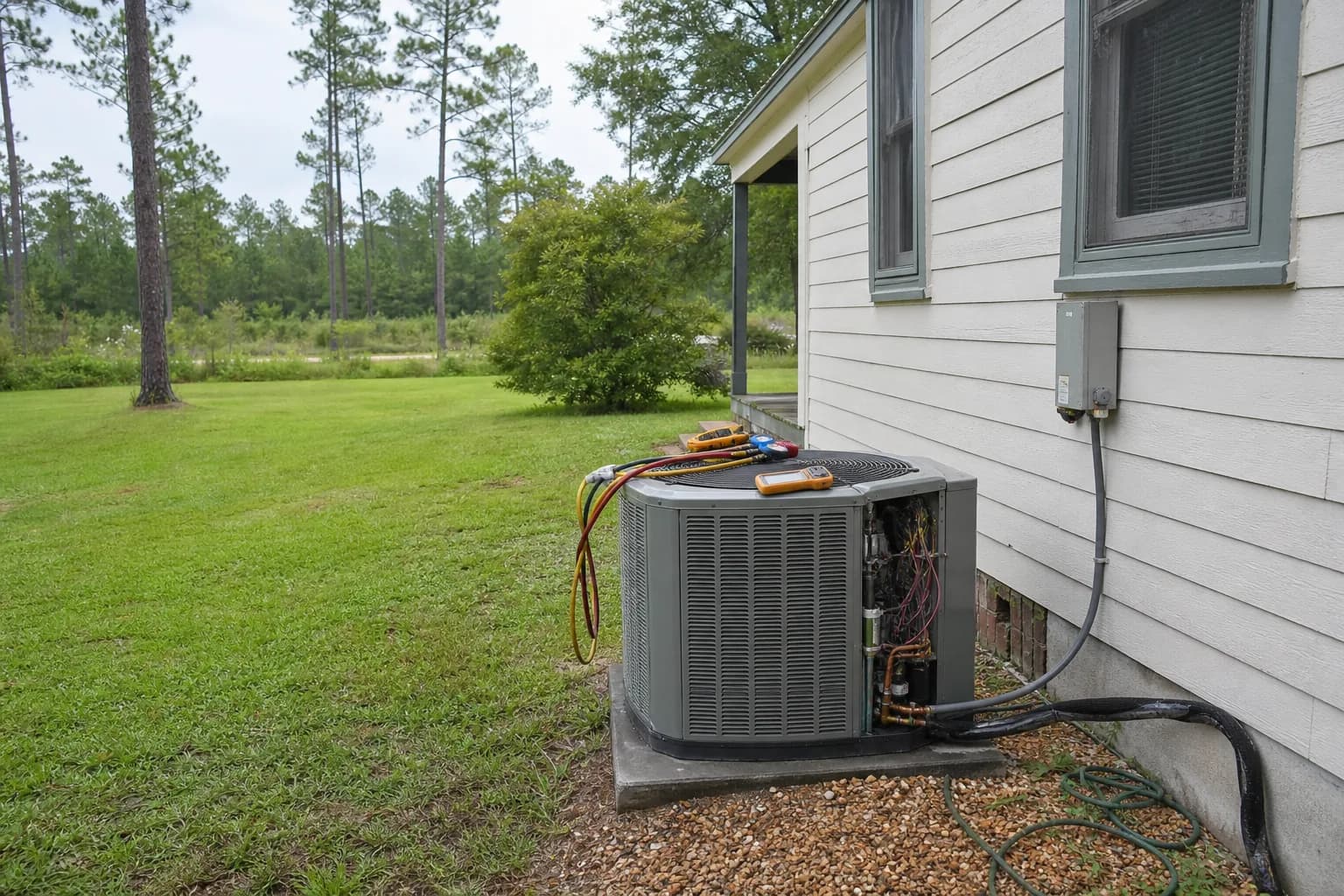 AC condenser being serviced at a Stockton inland Baldwin County home, side angle, summer