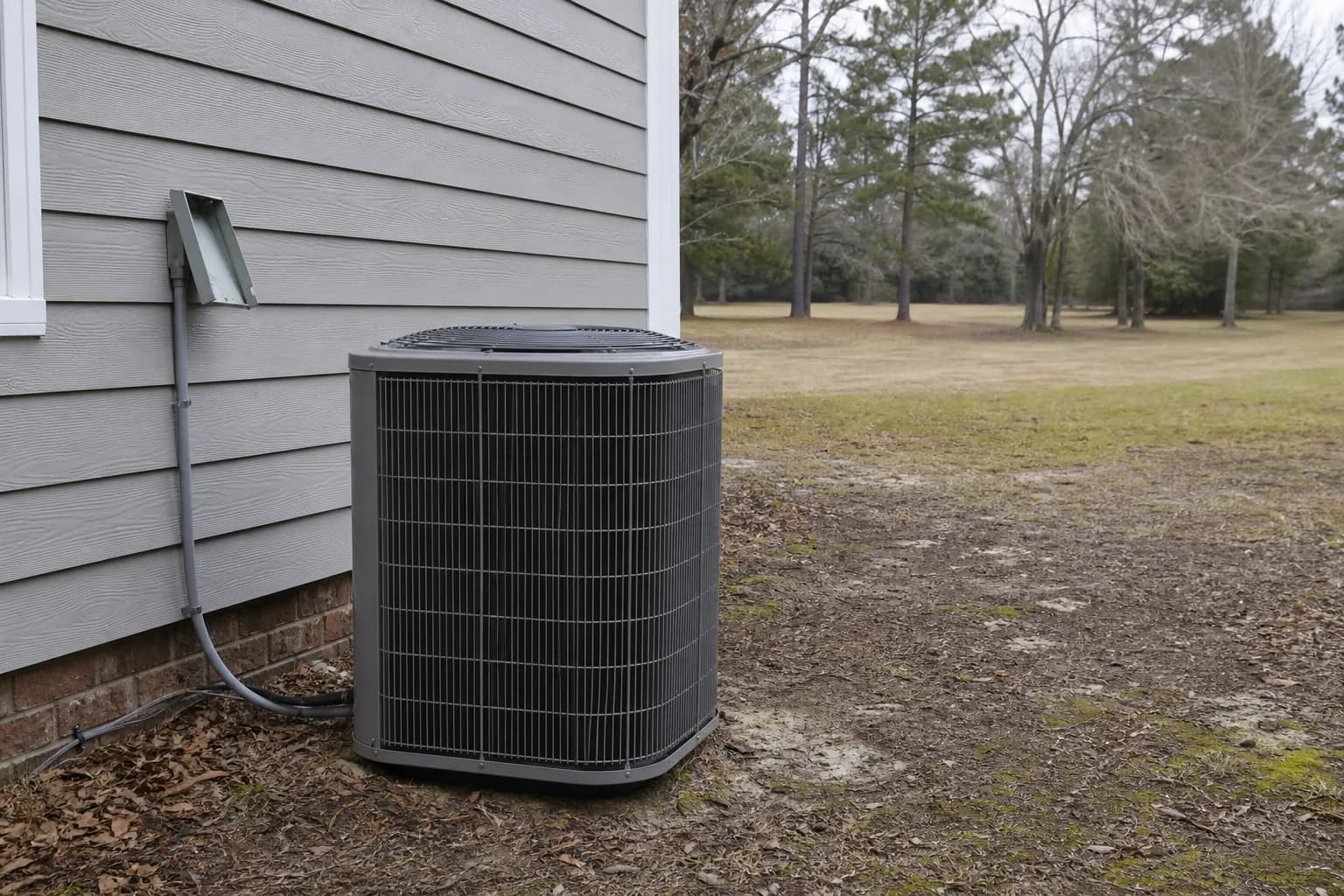 HVAC unit on an after-hours call at a Summerdale inland Baldwin County home, coil detail, winter