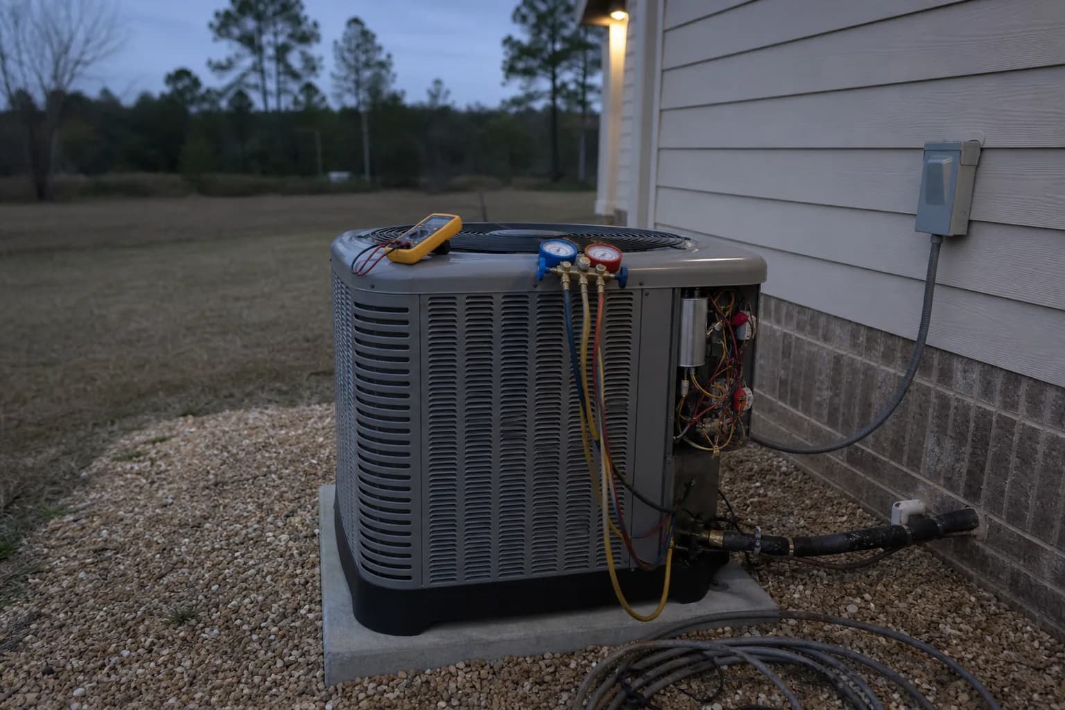 AC condenser being serviced at a Bay Minette inland Baldwin County home, service view, fall