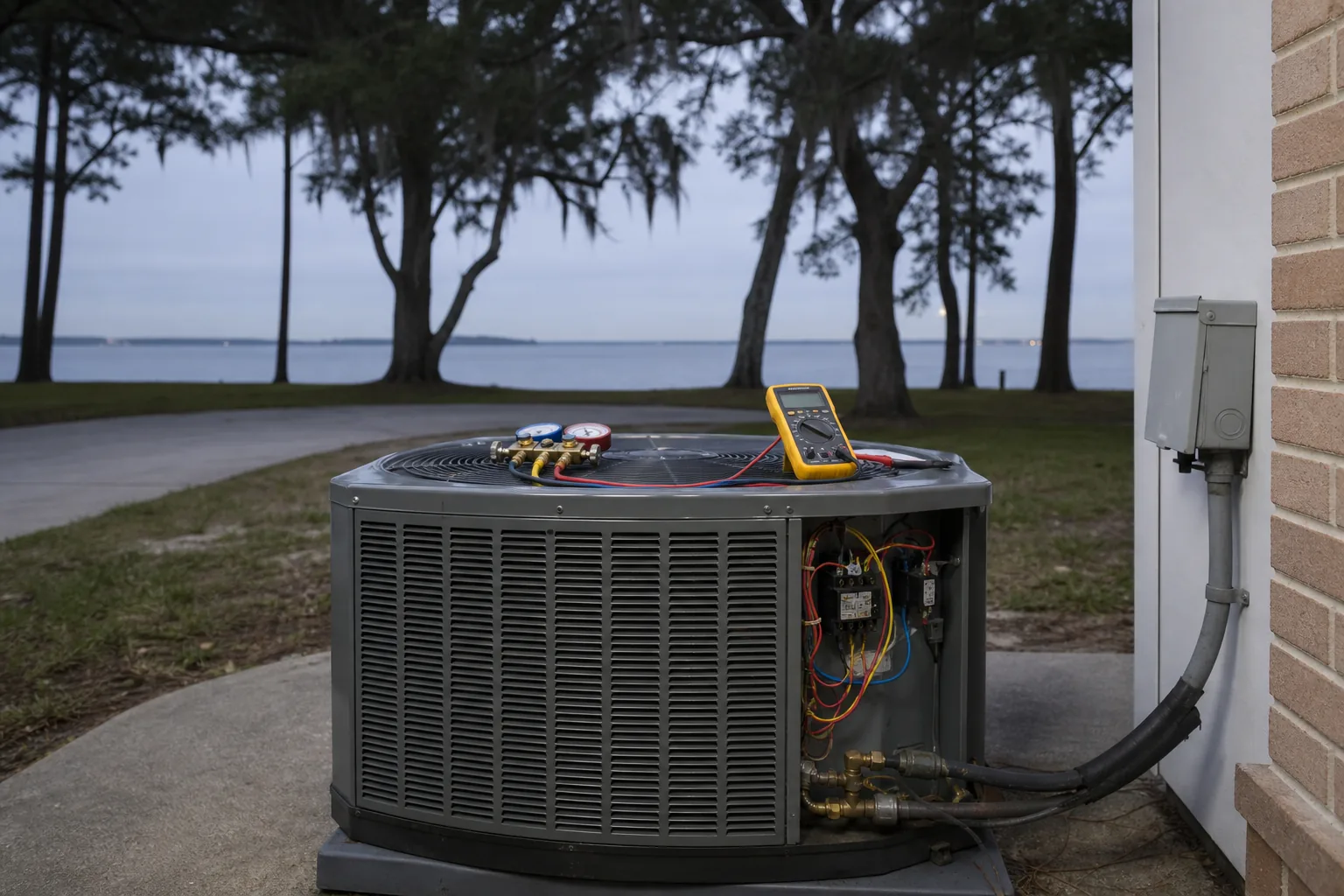 AC condenser being serviced at a Spanish Fort Mobile Bay home, side angle, summer
